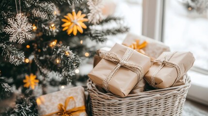 Minimalist Christmas tree with wrapped gifts in a wicker basket by a bright window