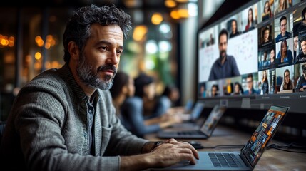 A man in a business casual outfit is seated at a desk with a laptop, looking at the screen while a large monitor in the background displays a video conference of multiple participants.