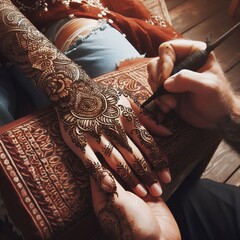  A customer getting a henna tattoo artist's hands moving in intr