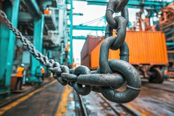 A thick chain pulling a heavy cargo container in an industrial setting, symbolizing strength, industry, and heavy-duty work, with machinery and workers in the background