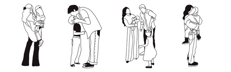 Hand-drawn doodle family icon set. Outline family clipart. Hand-drawn black art.