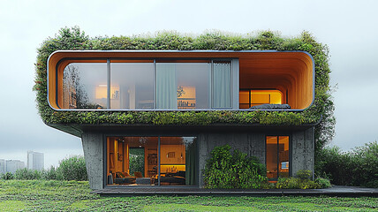 Elevated home with sustainable design principles featuring solar panels and a green roof seamlessly blending into the natural landscape