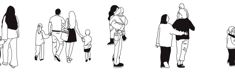 Hand-drawn doodle family border. Outline family clipart. Hand-drawn black art.