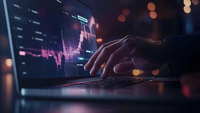 Fingers Dancing on Technology: A Focused Hand Engaging with Data Visualizations on a Laptop Amidst an Atmospheric Background of Soft Thumbs and Glowing Bokeh Lights