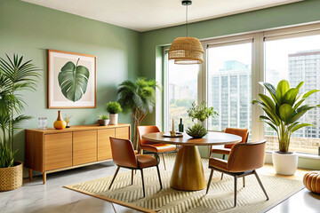 Fototapeta premium Mid-century modern dining room, green walls, wooden sideboard, round gold table, brown leather chairs, large windows, tropical plants, botanical wall art, area rug, pendant light, urban view, bright n