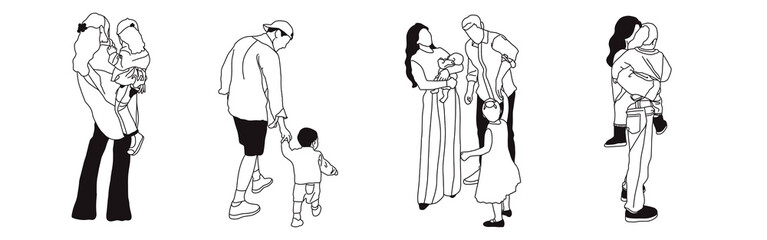 Hand-drawn doodle family icon set. Outline family clipart. Hand-drawn black art.