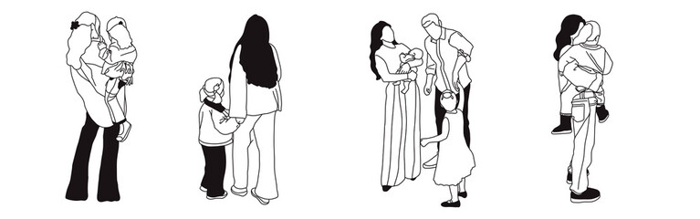 Hand-drawn doodle family icon set. Outline family clipart. Hand-drawn black art.