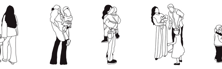 Hand-drawn doodle family border. Outline family clipart. Hand-drawn black art.