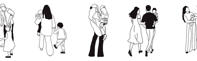 Hand-drawn doodle family border. Outline family clipart. Hand-drawn black art.