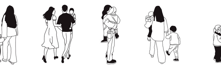 Hand-drawn doodle family border. Outline family clipart. Hand-drawn black art.