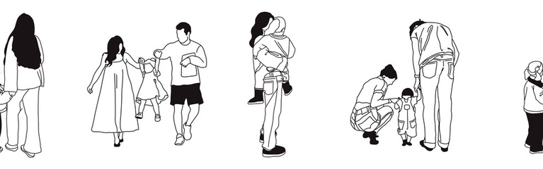 Hand-drawn doodle family border. Outline family clipart. Hand-drawn black art.