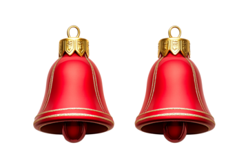 Two elegant red bells with gold accents, isolated on transparent white background, showcasing a festive concept.