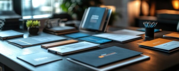 Assorted marketing materials and brand brochures laid out on a dark mahogany table, elegant workspace