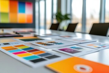 Brand strategy documents, color swatches, and printed logos arranged on a clean conference table