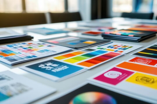 Brand strategy documents, color swatches, and printed logos arranged on a clean conference table