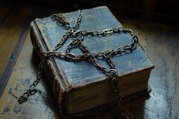 Chains wrapped around an old, closed book, symbolizing knowledge locked away, secrets, and mystery, with an aged, leather cover and a dimly lit, dusty study setting