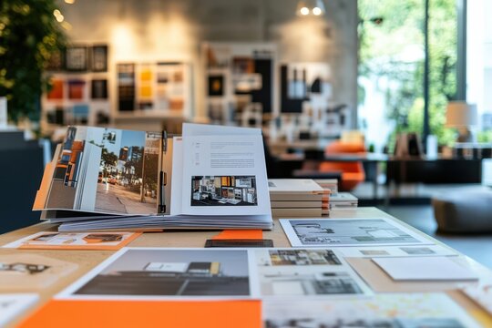 Office table with printed marketing materials and product portfolio open to showcase design