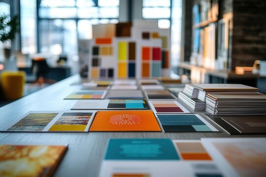 Printed brand identity booklets, mood boards, and sample pages spread on a large office table