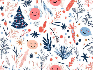 A cute Christmas-themed pattern with smiley faces, a pastel pink background, Christmas trees, and stars.