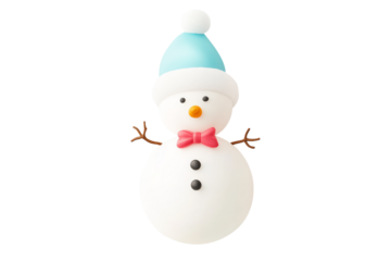 A charming snowman figurine with a knitted hat and scarf isolated on white background, symbolizing Christmas winter cheer.
