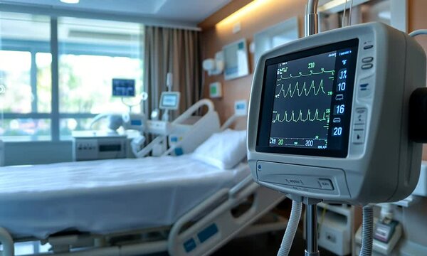 Hospital room with a heart monitor and empty bed.