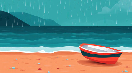 Raindrops on Sandy Shore, A flat design illustration featuring raindrops scattered on a beach, complemented by ample text space for creative or informational use.