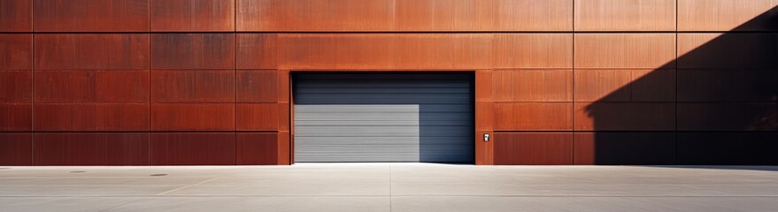 Rustic Modern Garage Door: Architectural detail of a contemporary building with a large gray garage door set against a backdrop of rich, rust-colored metal cladding.