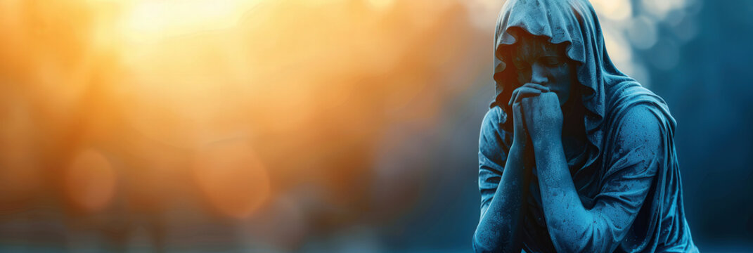 Sad woman statue, evoking deep emotions of grief and sorrow, ideal for funeral services or memorial events, providing a poignant backdrop for messages of mourning and remembrance