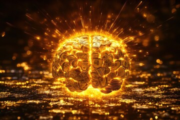 Abstract brain with golden light radiating from it, representing money mindset and wealth consciousness