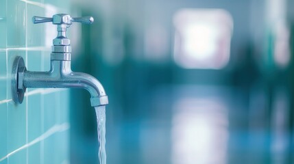 Refreshing water flowing from a faucet, blurred classroom setting, promoting hydration and wellness in an educational environment, encouraging students to stay hydrated