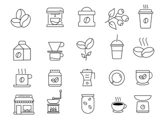 Icon set Coffee making . Drip bag, moka, pod, capsule, arabian, kettle, french press, bean minimal vector illustration