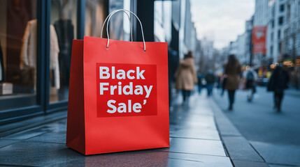 Black Friday sale shopping bag on city street with blurred crowd in background