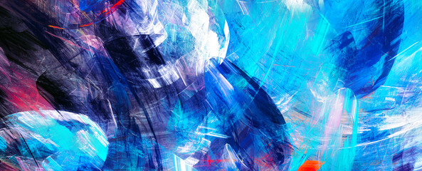 Bright blue color artistic splashes. Abstract painting colorful texture. Modern paint pattern. Dynamic watercolor background. Fractal artwork for creative graphic design