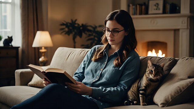  persona che legge un libro sul divano accanto un gatto