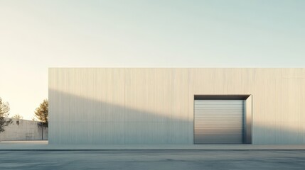 Minimalist Concrete Structure: A sleek, modern building with a single, large door, bathed in the soft glow of the evening sun. The image evokes a sense of serenity and minimalist design. 