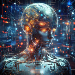 A futuristic and highly detailed illustration of an AI humanoid with a human head, surrounded by digital brain patterns