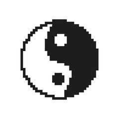 Obraz premium Pixelated Yin Yang Icon. Symbol of Balance and Harmony in Retro Pixel Art Style. Eastern Philosophy Symbol Representing Duality and Balance. Isolated Vector Illustration