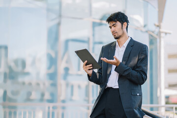 Portrait of Asian businessman holding smartphone and laptop computer. Office worker at business center.