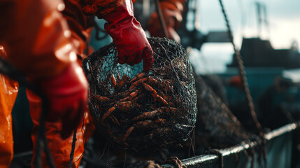 Fisherman’s hand in a red glove holding a net filled with freshly caught fish, on the deck of a fishing vessel.