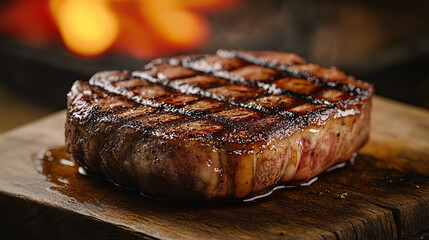 Close-up of a perfectly grilled ribeye steak on a wooden table, with copy space for photography and food advertising