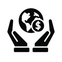 coin icon. earth and coin in hand. vector International Money Global Finance for Banking and Economy. simple design style. design template