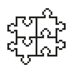 Pixelated Puzzle Pieces Icon. Symbol of Connection and Problem Solving in Pixel Art Style. Collaboration and Teamwork, Integration and Strategic. Isolated Vector Illustration