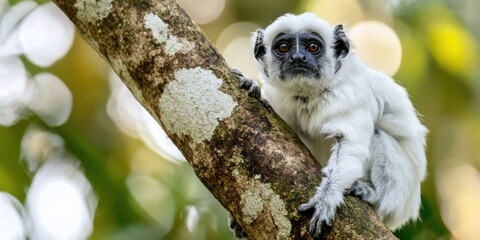 White and Black Tamarin Perched on Jungle Tree, Staring at Camera