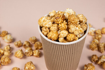 Sweet caramelized popcorn in a bucket.