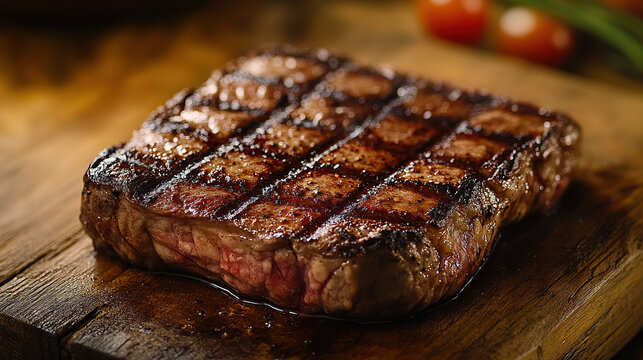 Close-up of a perfectly grilled ribeye steak on a wooden table, with copy space for photography and food advertising