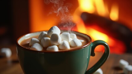 A steaming mug of hot chocolate topped with toasted marshmallows sits by a crackling fireplace, creating a cozy and warm atmosphere indoors.