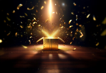 A golden box sits open, emitting a bright light and showering the area with gold confetti.