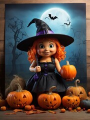 Fototapeta premium A cartoon red-haired witch surrounded by many pumpkins. The playful illustration conveys the spirit of Halloween 