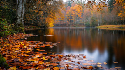 Obraz premium Tranquil autumn lake with vibrant foliage and fallen leaves along the shore