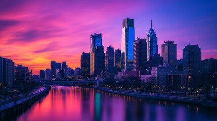 Naklejka premium Vibrant Sunset Over City Skyline Reflection